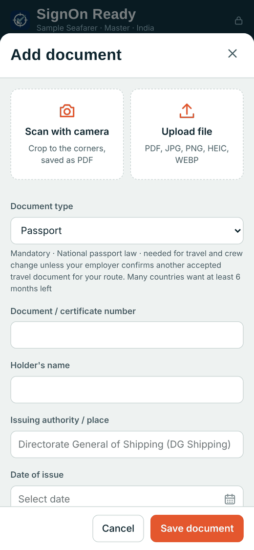 Add document screen with camera scan and file upload