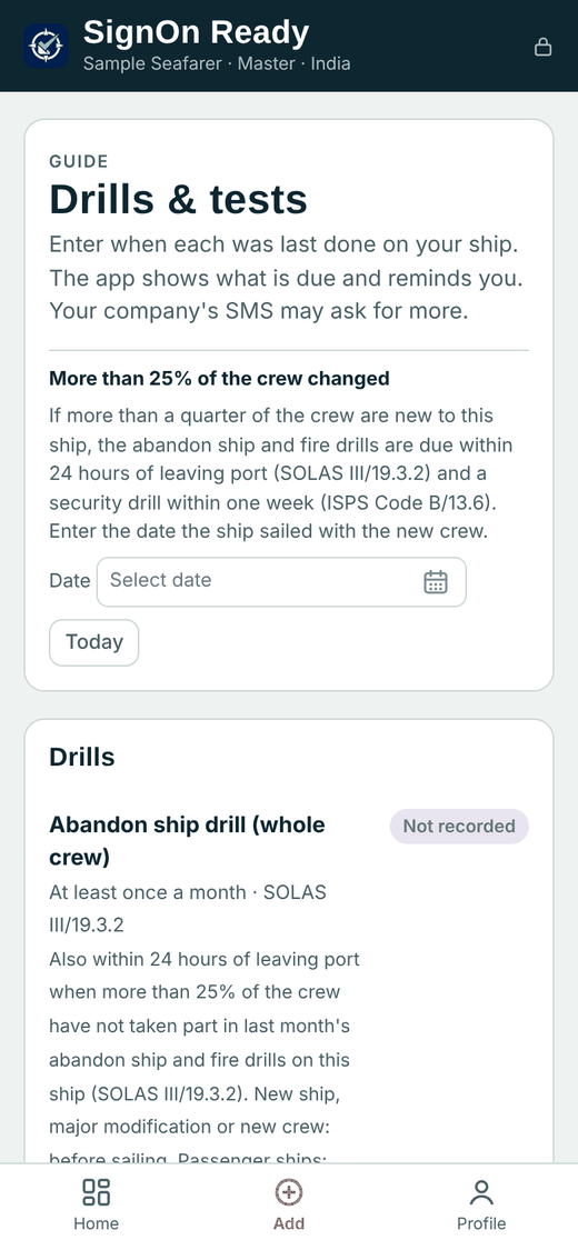 Drills and tests screen showing what is due