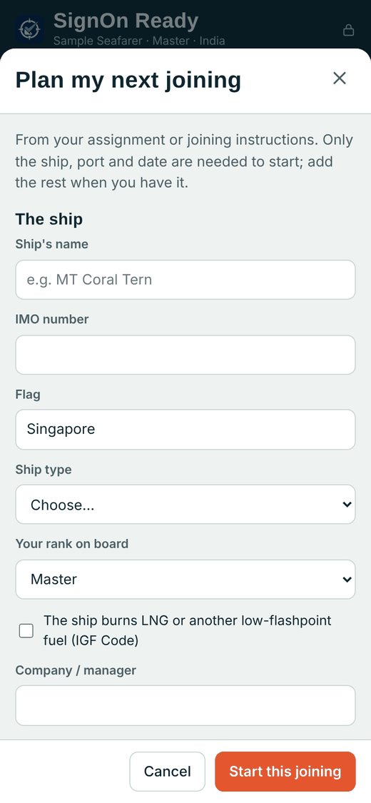 Screen for planning a joining: ship, IMO, flag, ship type and rank