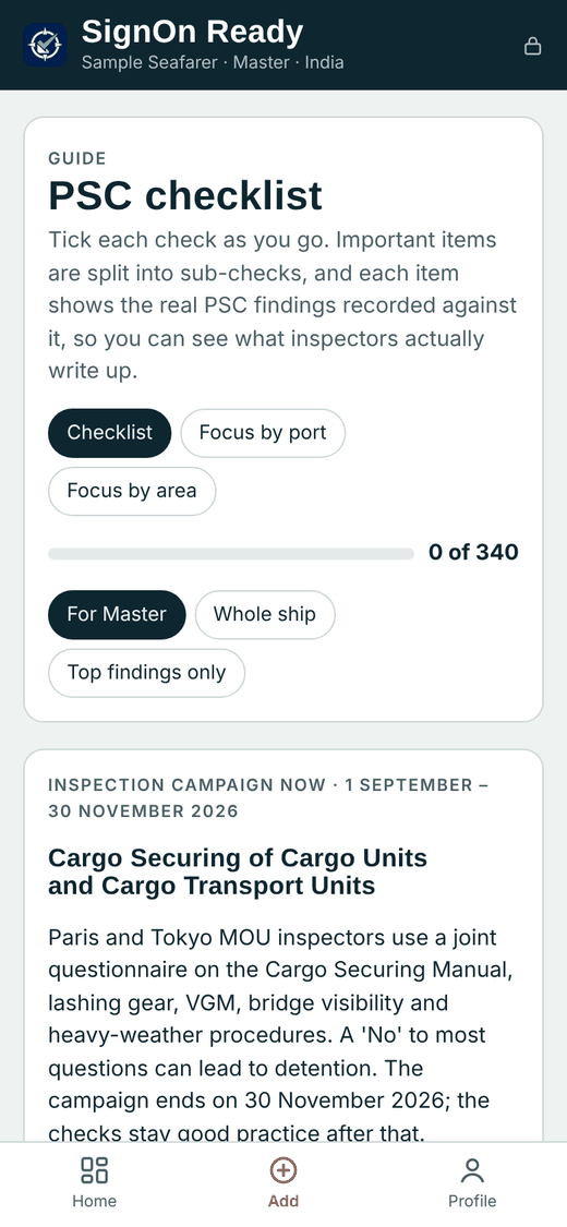 Port State Control checklist screen