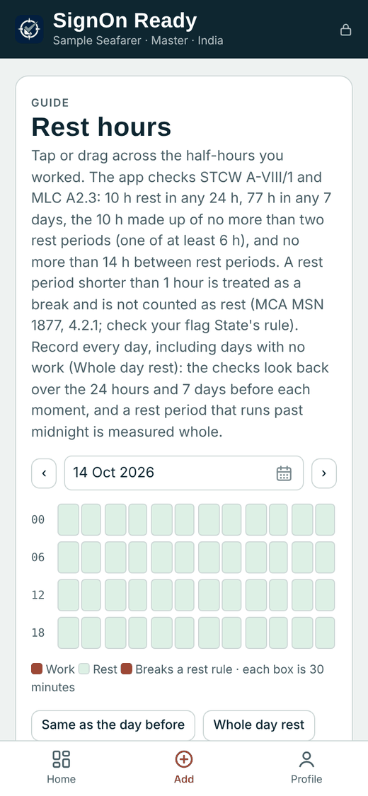 Rest hours grid with half-hour boxes